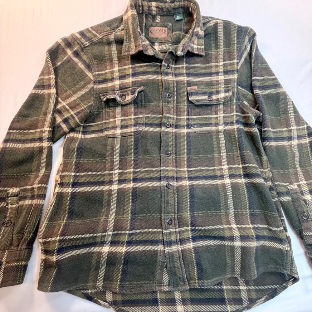 Orvis Flannel Shirt Mens Medium Green Plaid Button Up Outdoor Cotton Work